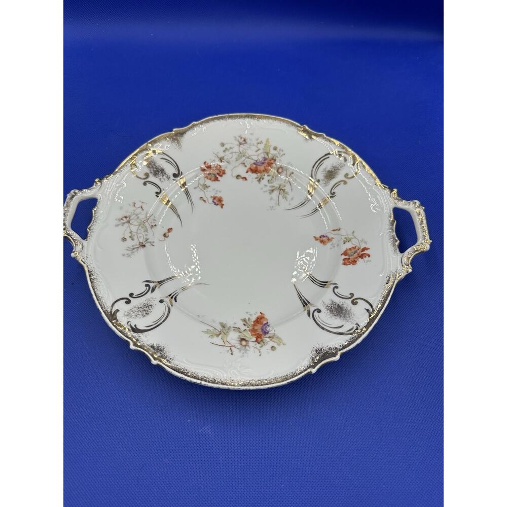 Vintage KPM Germany Porcelain‎ Cake Plate 428 Floral Gold Trim Handles 12”